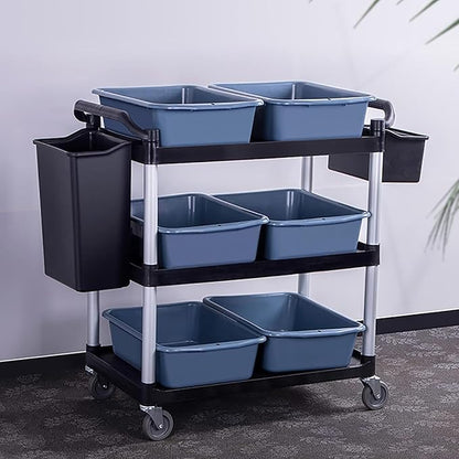 Storage Cart 3 Tier Heavy Duty Commercial Grade Utility Cart,Dish Cart for Restaurant,Multi-Function Mobile Shelving Unit Organizer for Hotel,Restaurant,Kitchen,Laundry Room with 6 Basin 2 Barrels