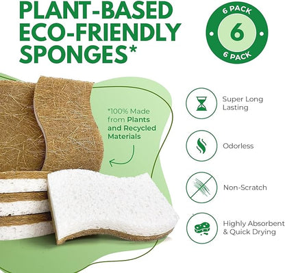AIRNEX Natural Kitchen Sponges (6 Pack) - Biodegradable Cellulose & Coconut Scrubber Dish Sponges for Kitchen - Eco-Friendly, Non Scratch, Compostable, Non Toxic S-Shaped Natural Sponges for Dishes