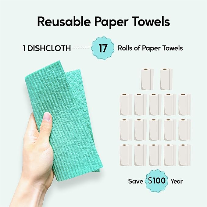 Swedish Dishcloths for Kitchen, 5 Pack Swedish Dish Cloths, Ultra Absorbent Reusable Paper Towels, Cellulose Sponge Cloths, Quick Drying, No Odor, Dishwasher Safe