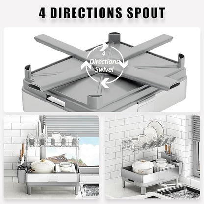 Ewaiira Dish Drying Rack, 2 Tier Large Dish Rack, Stainless Steel Dish Drainer for Kitchen Counter, Dishes Rack with Automatic Drainage, Utensil Holder&Cups Holder,Space Saving Kitchen Organizer,White