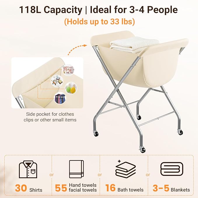 ELYKEN Collapsible Laundry Cart with Wheels, 33”H Rolling Laundry Hamper with Removable Liner Bag, Sturdy Metal Frame Folding Clothes Basket for Small Narrow Space, Bedroom, Dorm, Apartment