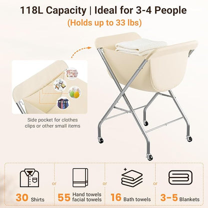 ELYKEN Collapsible Laundry Cart with Wheels, 33”H Rolling Laundry Hamper with Removable Liner Bag, Sturdy Metal Frame Folding Clothes Basket for Small Narrow Space, Bedroom, Dorm, Apartment
