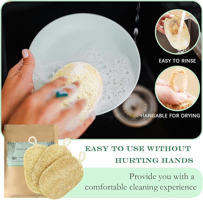 Natural Loofah Dish Sponge, Natural Kitchen Biodegradable Compostable Cellulose Loofah Scrub Sponge, Dual Sided Reusable Non Scratch Cleaning Sponge for Cleaning Kitchen, Bathroom, Household, 3 Pcs