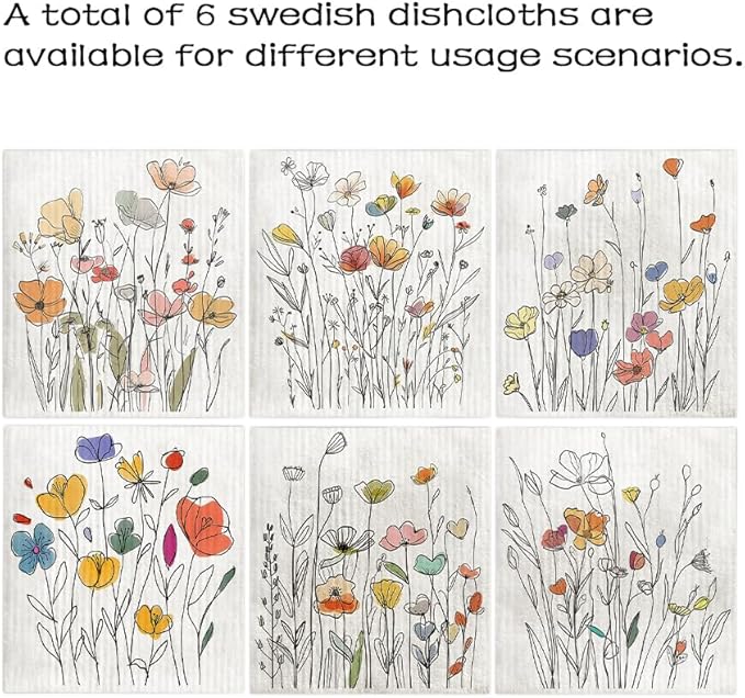Swedish Dishcloths for Kitchen – 6 Pack Cellulose Reusable Cleaning Paper Towels – Soft, Quick-Drying, Washable Dish Rags for Kitchen, Counters & More (Watercolor Wildflowers)
