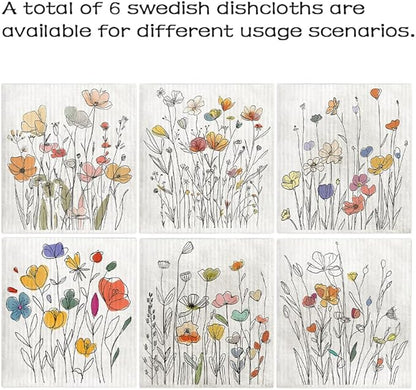 Swedish Dishcloths for Kitchen – 6 Pack Cellulose Reusable Cleaning Paper Towels – Soft, Quick-Drying, Washable Dish Rags for Kitchen, Counters & More (Watercolor Wildflowers)