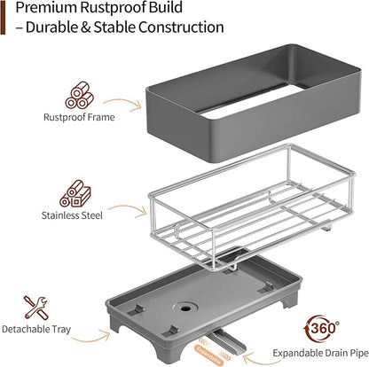 MOUKABAL Sponge Holder for Kitchen Sink – Rustproof Stainless Steel, 360° Rotating Drain Pipe, Large Counter Organizer with Drip Tray for Sponges, Brushes & Dish Cloths Grey