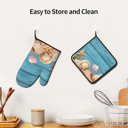 Coastal Oven Mitts and Pot Holders Sets Navy Blue Wooden Starfish Seashell Oven Glove Hot Pads for Kitchen Summer Beach Chef Gifts for Cooking Lover Cooks