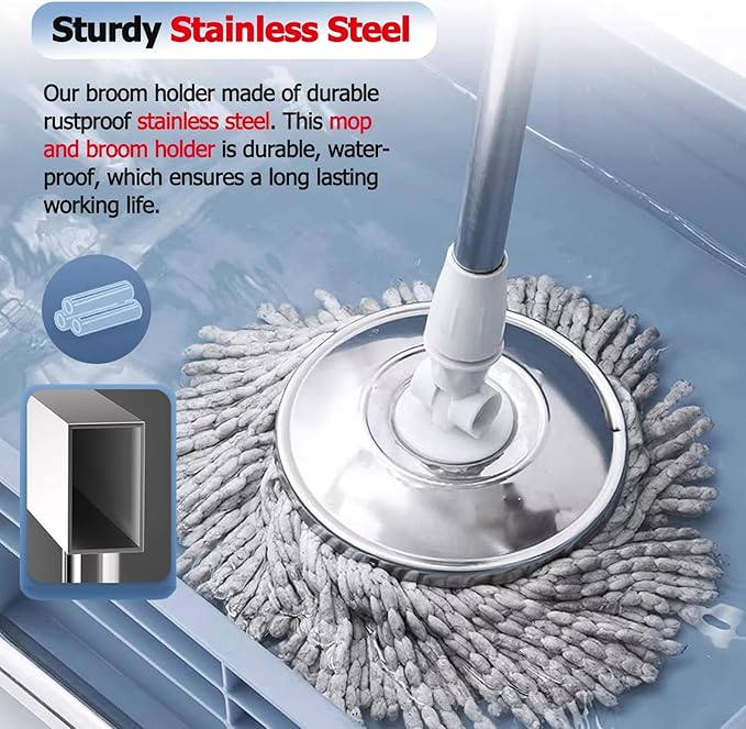 Mop Holder Rack with Rolling Wheels, Industrial Steel Freestanding Broom Storage Utility Cart, Home/Garage/Garden Tool Organizer, Heavy-Duty, Supports up to 220lbs