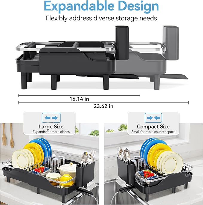 Urackify Expandable Dish Rack for Kitchen Counter,16.14"-23.62" Large Stainless Steel Dish Drying Rack with Adjustable Water Spout, Space Saving Dish Drainer with Auto Draining Cutlery Holder,Black