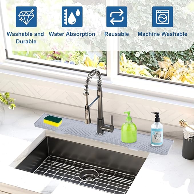 33 inch Sink Splash Guard Mat, Sink Faucet Drying Mat, Silicone Faucet Handle Drip Catcher Tray, Longer Silicone Sink Mat for KitchenBathroom, Drip Protector Splash Countertop (Grey)