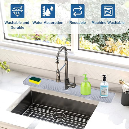 33 inch Sink Splash Guard Mat, Sink Faucet Drying Mat, Silicone Faucet Handle Drip Catcher Tray, Longer Silicone Sink Mat for KitchenBathroom, Drip Protector Splash Countertop (Grey)