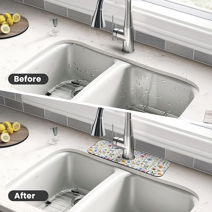 Spring Flower Colorful Leaves 15" X 5.5" Kitchen Sink Splash Guard Faucet Faucet Guard Draining Mat Sink Splash Guard Faucet Kitchen Bathroom