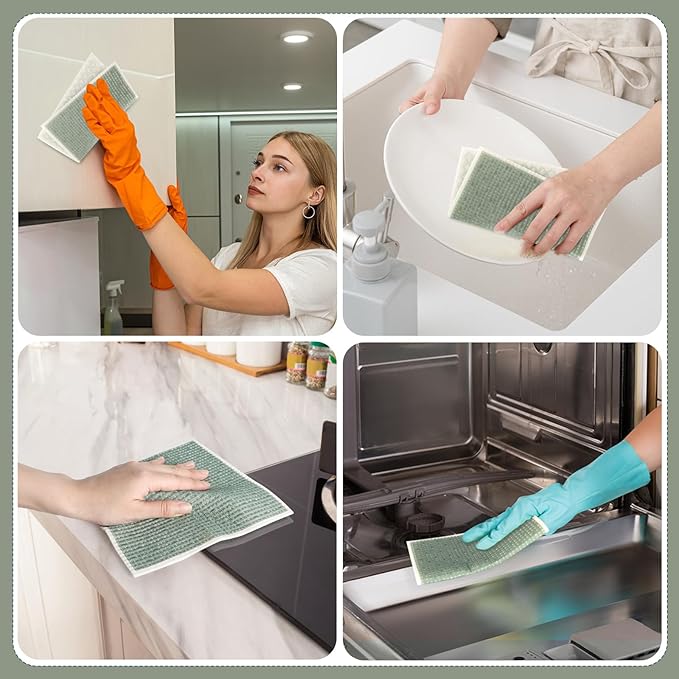 Green Swedish Dishcloths for Kitchen, 6 PCS Swedish Dish Cloths, 7.5 x 6.7 Inch Super Absorbent Washable Reusable Floral Cloths Dish Towel, No Odor Cellulose Sponge (Light-Green)