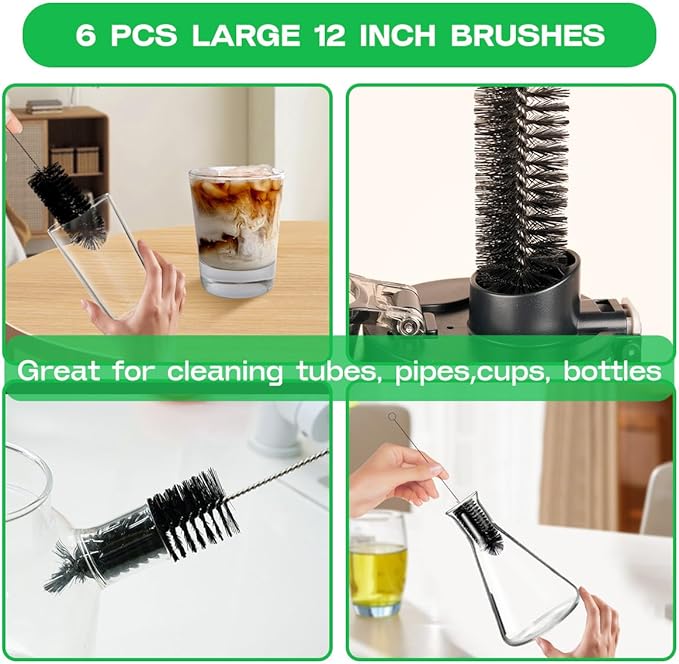 Brush Family Straw Cleaner Brush Set,12 Pieces Extra Long Pipe Water Bottle Brushes for Cleaning Reusable Drinking Straws,Bird Feeders,Pipes,Black (12pcs Different diameters Set)