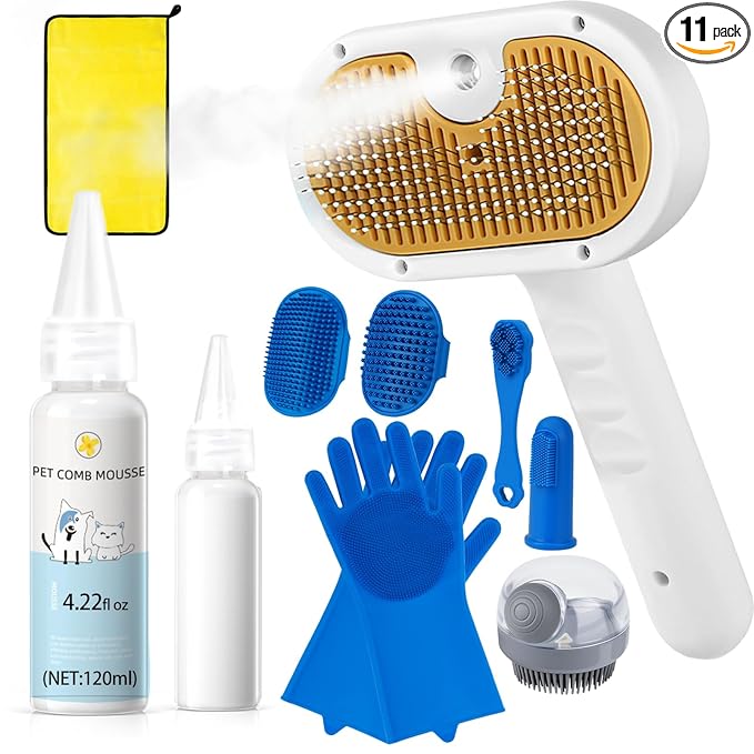 Pet Steam Brush for Dog & Cat – 3-in-1 Spray Hair Removal Comb for Shedding & Grooming, Softens Fur & Reduces Static – Water Brush for Long & Short Coats, Bath-Hating Pets, Includes Waterless Shampoo