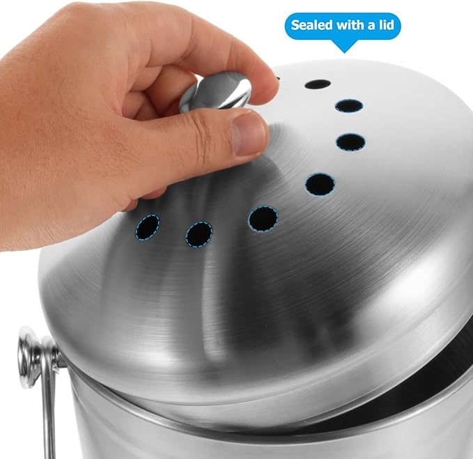 Garneck Stainless Steel Kitchen Compost Bin with Lid Odorless Countertop Food Waste Bucket Metal Compost Pail for Indoor Kitchen Trash and Food Scraps Management