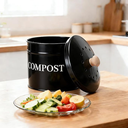 Compost Bin - 1 Gallon Countertop Composter with Lid and Charcoal Filters, Rust Proof Indoor Bucket for Kitchen Food Waste
