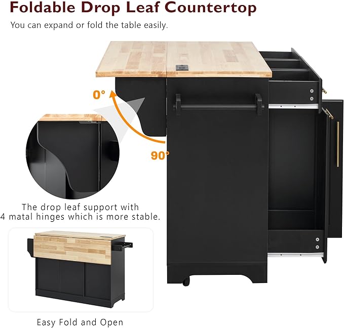 59.3" Kitchen Island with Drop Leaf and Pull Out Trash Can Storage Cabinet, Rolling Kitchen Island Table with Power Outlet, Spice & Towel Rack for Kitchen, Dining, Black