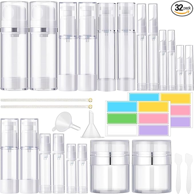 Meanplan 32 Pack Airless Pump Jars Set 3.4/1.7/1/0.34oz Refillable Travel Cosmetic Container Mini Leak Proof Atomizer Spray Bottle Skincare Dispenser for Toiletry, Cream Lotion, Foundation, Shampoo
