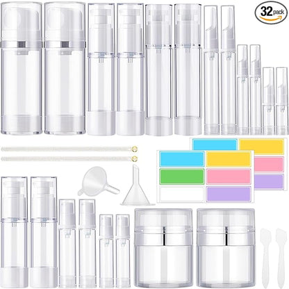 Meanplan 32 Pack Airless Pump Jars Set 3.4/1.7/1/0.34oz Refillable Travel Cosmetic Container Mini Leak Proof Atomizer Spray Bottle Skincare Dispenser for Toiletry, Cream Lotion, Foundation, Shampoo