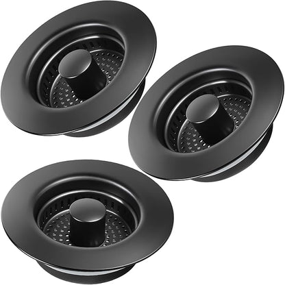 Kitchen Sink Drain Strainer 3 Pack, 304 Stainless Steel Pop Up Sink Stopper, Anti-Clogging Sink Drain Strainer for US Standard Kitchen Drain (Matte Black)
