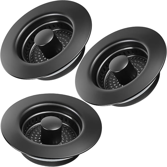 Kitchen Sink Drain Strainer 3 Pack, 304 Stainless Steel Pop Up Sink Stopper, Anti-Clogging Sink Drain Strainer for US Standard Kitchen Drain (Matte Black)
