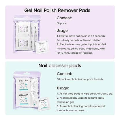 Gellen 100 Pack Nail Cleanser Pads and Polish Remover Pads, Acetone Nail Polish Remover Pads, Alcohol Wipes for Nails, Quick & Easy Removal, Individually Wrapped Travel Set for Perfect Nail Art