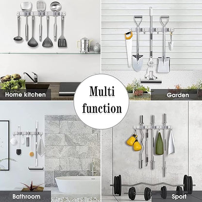 Broom Mop Holder Wall Mount Broom Hanger Wall Mounted Metal Organization Garage Storage Garden Kitchen Tool Organizer With 4 Racks and 5 Hooks (Silver, 1 Pack 3R4H)…