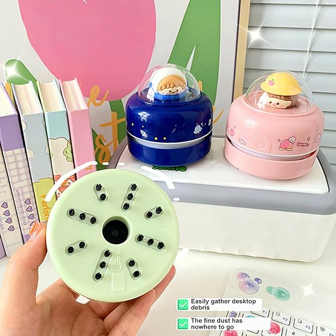 Mini Desktop Vacuum Cleaner Cute Cartoon Desktop Vacuum Cleaner for Kids Students Battery Powered Portable Mini Table Dust Sweeper 360-degree Rotatable Desk Duster Blue