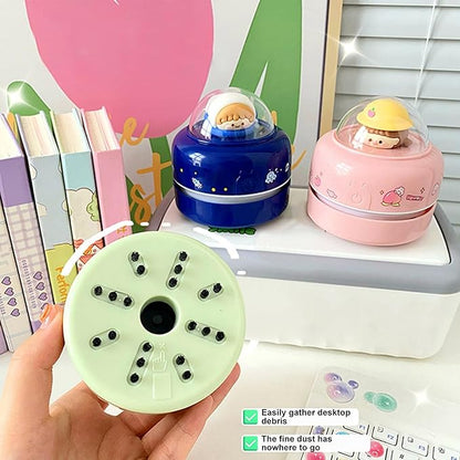 Mini Desktop Vacuum Cleaner Cute Cartoon Desktop Vacuum Cleaner for Kids Students Battery Powered Portable Mini Table Dust Sweeper 360-degree Rotatable Desk Duster Green