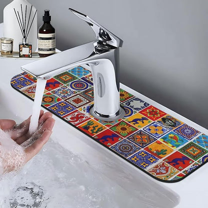 Mexican Tiles Multicolored Bright Colorful 15" X 5.5" Kitchen Sink Splash Guard Faucet Faucet Guard Draining Mat Sink Splash Guard Faucet Kitchen Bathroom