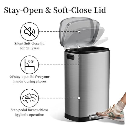 KdbK 13 Gallon Trash Can with Lid, 50L Fingerprint Proof Stainless Steel Kitchen Trash Can with Removable Inner Bucket and Lid Soft Close, Pedal Rubbish Bin for Home Office（Silver）