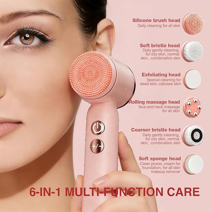 Electric Face Scrubber with Led Display & Facial Cleansing Brush - 6-in-1 Exfoliating Kit, 3 Speeds, IPX6 Waterproof Face Brush for Deep Cleaning, Massage & Gentle Exfoliation-Pink