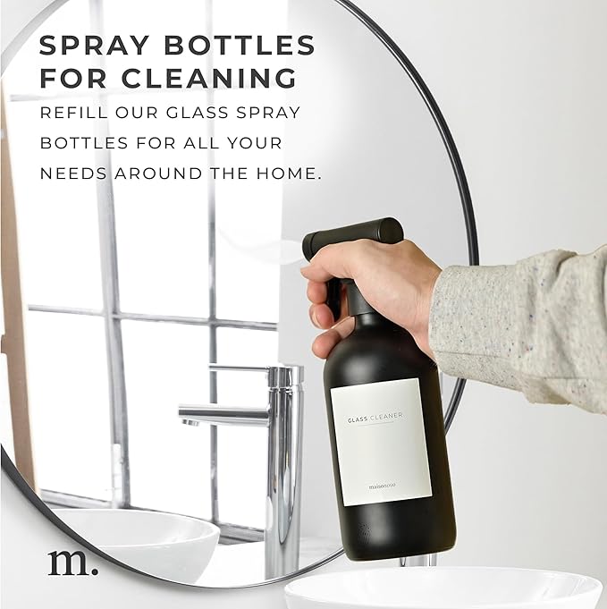 MAISONOVO Glass Spray Bottles 16 Oz Pack of 2 - Durable Black Spray Bottle with Fortified Glass & Fine Mist Pumps - Ideal for Salons, Barbers, Stylists, Pet Groomers & Daily Hair Care - 16 Labels