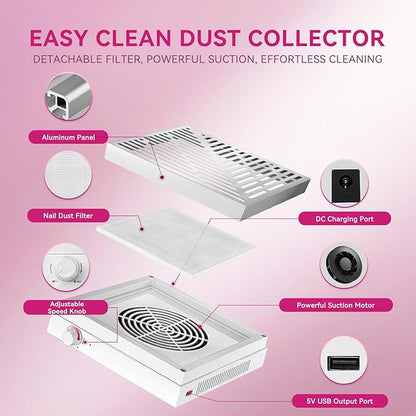 Makartt Rechargeable Nail Dust Collector - Machine Ultra Thin Nail Vacuum Dust Collector for Acrylic Nails Drills Portable SYMPHONEE Nail Dust Extractor with Reusable Filter White
