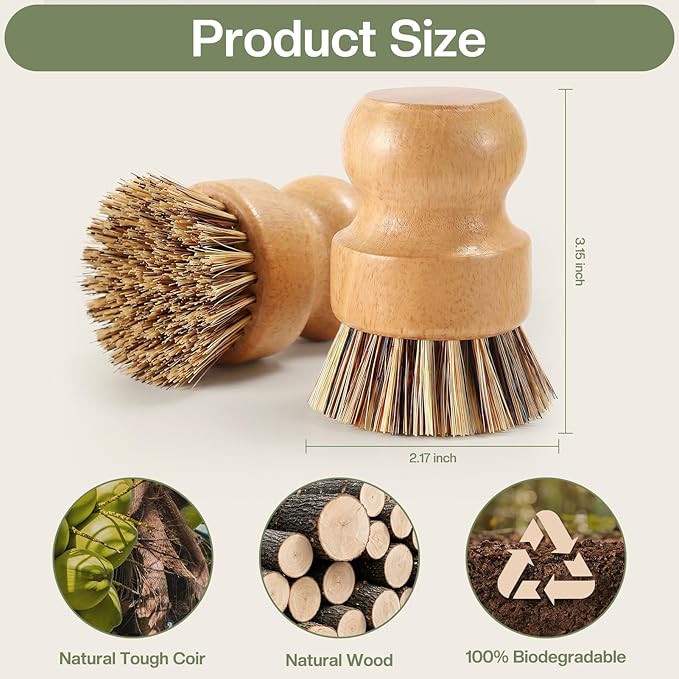 Wooden Dish Brush with Metal Stand Handheld Bamboo Wok Brush Scrubber for Dishes Pans Pots Fruit and Veggie Washing(1,Beige Brown)