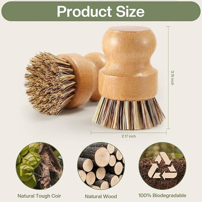 Wooden Dish Brush with Metal Stand Handheld Bamboo Wok Brush Scrubber for Dishes Pans Pots Fruit and Veggie Washing(1,Beige Brown)