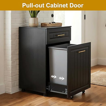 ZIFTY Pull Out Trash Can Cabinet for Double 7 Gallon or 13 Gallon Bin, Freestanding Kitchen Trash Bin Cabinet with Drawer, Pet Proof Hidden Garbage & Recycling Storage for Laundry & Living Room, Black