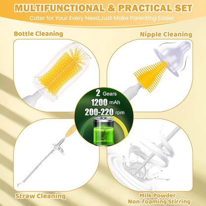 IvyWind Electric Travel Baby Bottle Brush Set with Storage Box, Automatic Bottle Cleaner Brush Kit with Silicone Bottle/Nipple/Straw Brush,Milk Frother Electric and Drainage Rack, Rechargeable, Yellow