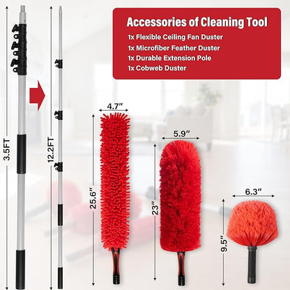 12 FT Cobweb Duster with Extension Pole, 20 FT High Reach Ceiling Fan Cleaner Duster for Home, 3.5-12 FT Extendable Pole with 3 Pcs Dusting Tools, Cubweb Brush, Feather Dusters, Ceiling Fan Duster