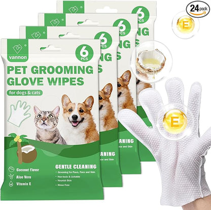 Vannon Extra Thick Pet Bathing Wipes for Dogs & Cats, Cleaning & Odor-Controlling Grooming Gloves, Nourish Fur Glove Wipes for Daily Care and Traveling, Rinse Free, Coconut Scent, 4 Pack, 24 PCS