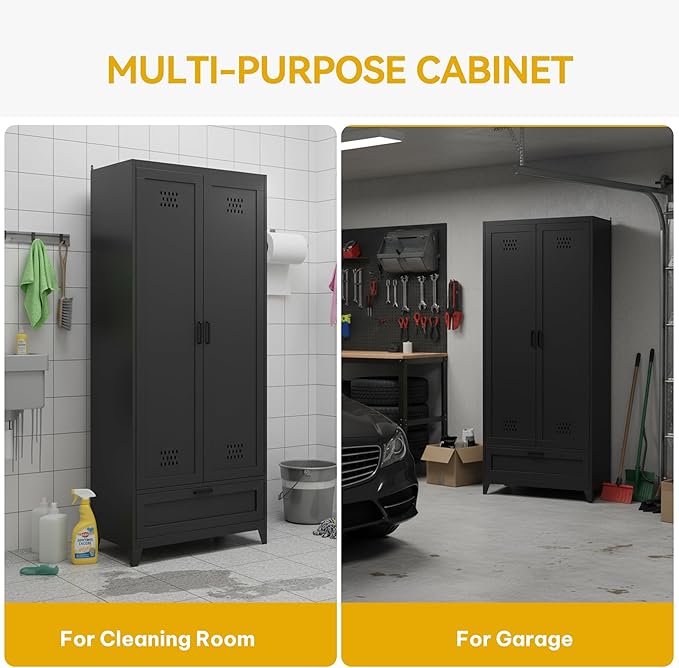 DWVO Metal Garage Storage Cabinet with Pegboard, 71" Tall Broom Cabinet with Lights, Adjustable Shelves, Heavy Duty Tool Storage Cabinet for Garage, Cleaning Room, Gym