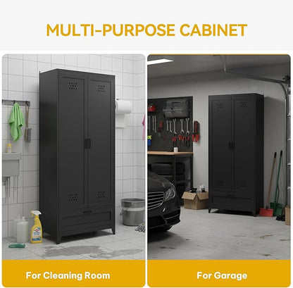 DWVO Metal Garage Storage Cabinet with Pegboard, 71" Tall Broom Cabinet with Lights, Adjustable Shelves, Heavy Duty Tool Storage Cabinet for Garage, Cleaning Room, Gym