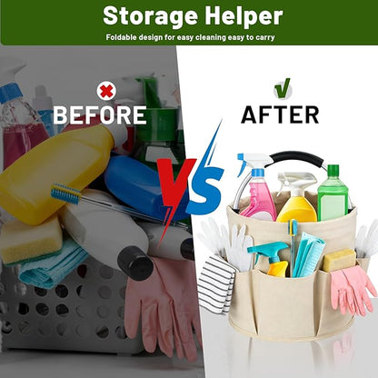 17L Foldable Cleaning Caddy with Handle - Portable Oxford Fabric Storage Bucket, Organiser for Cleaning Supplies, Toiletries, Home, Garden, Picnic & Beach (Beige)