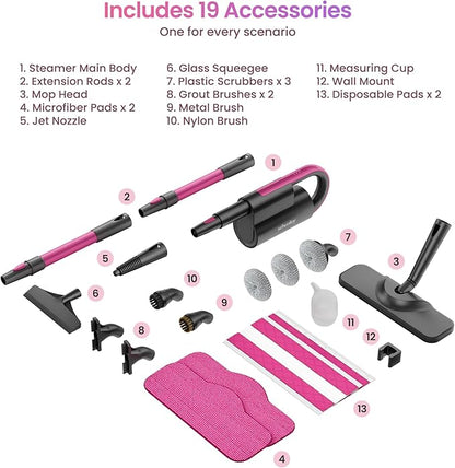 Schenley 19-in-1 Steam Mop Dual-Rod Design with Detachable Handheld Steamer for Walls, Grouts, Hard Floors, Tiles, includes Multi-purpose Accessories, Washable Microfiber Pads and Disposable Pads