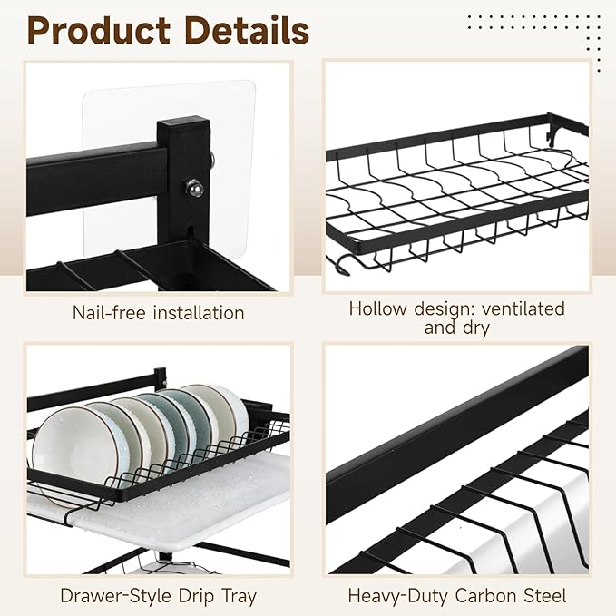 OMISTAR 2 Tier Wall Mounted Dish Rack, Large Capacity Hanging Dish Drying Rack Adjustable Heights, Carbon Steel Frame with Cutting Board Holder, Utensil Holder for Kitchen, Black
