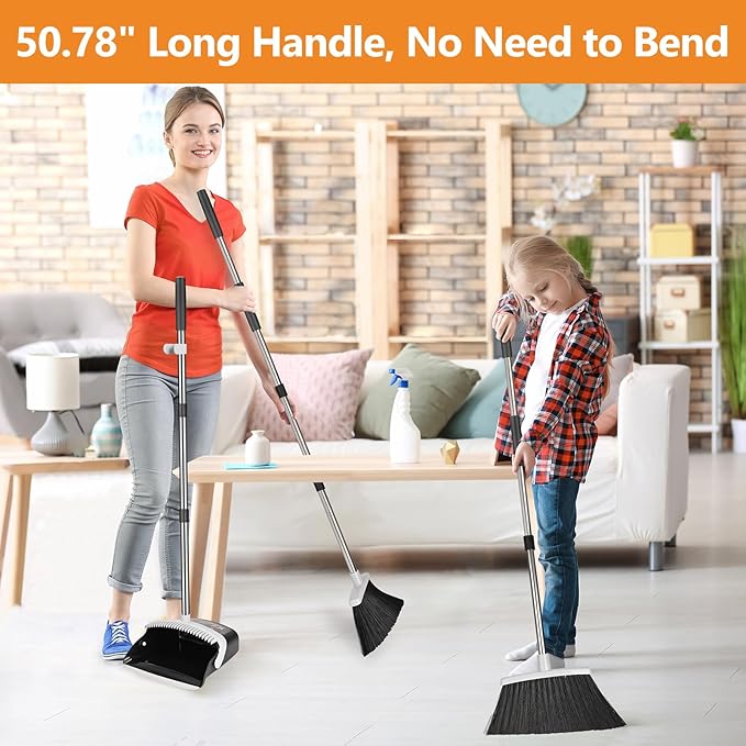 Folews Broom and Dustpan Set, Heavy Duty Dust Pan with Long Handle 51 Inch Broom with Dustpan Combo Set Upright Self-Cleaning Dust Pan Home Kitchen Lobby Indoor Outdoor Sweeping Cleaning Tool - Gray