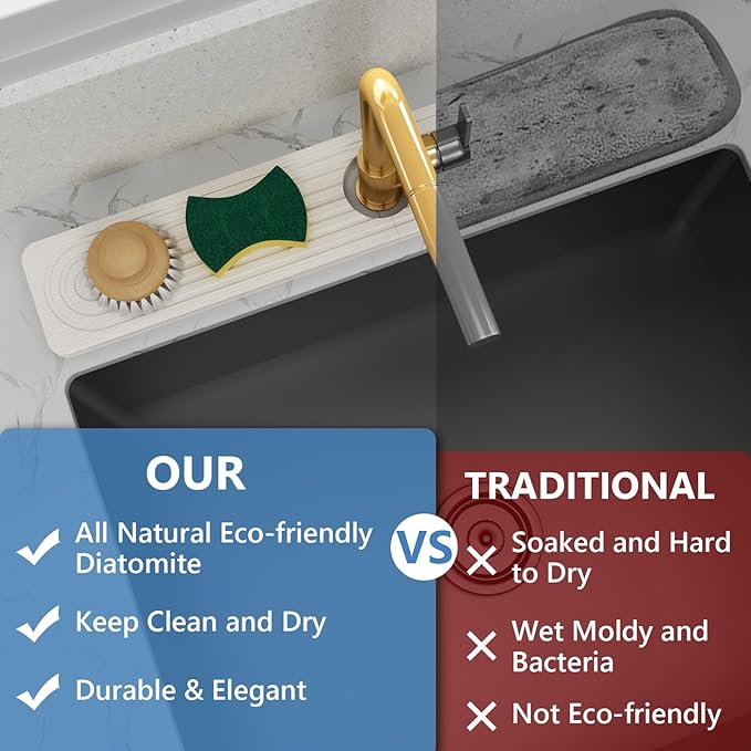 24'' Longer Stone Faucet Mat for Kitchen Sink [Super Absorbent, 30s Quick Drying] Water Absorbing Stone Tray for Sink Stone Mat for Kitchen Sink Stone Quick Dry Around Faucet Diatomite Stone Sink Tray