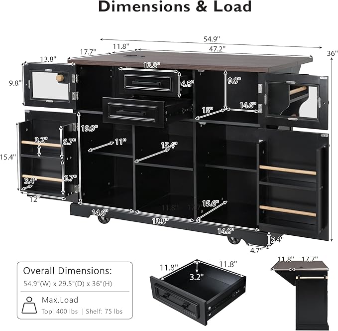 54.9" Large Kitchen Island with Drop Leaf, Power Outlet, Kitchen Storage Islands with Cross Barn Doors & Visual Glass Door, Rolling Kitchen Cart on 4 Wheels, Black