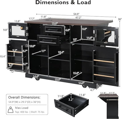54.9" Large Kitchen Island with Drop Leaf, Power Outlet, Kitchen Storage Islands with Cross Barn Doors & Visual Glass Door, Rolling Kitchen Cart on 4 Wheels, Black